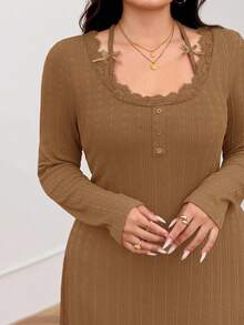 Modelyn Plus Size Solid Color Minimalist Long Sleeve Casual Dress - Coffee Brown - View 1