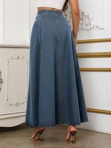 SHEIN SXY Chân váy denim maxi dài cài nút dành cho nữ, kiểu dáng thường ngày, đa năng, thích hợp đi làm, màu xanh dương, phù hợp cho ngày Valentine. - Màu xanh lam - Xem 2