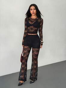 SHEIN PETITE 2pcs Women's Sexy Sheer Black Lace Top And Lace Pants Set, Stylish Design, Spring/Summer - Black - View 6