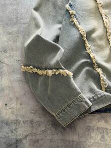 AXEPEAK 男士长袖毛边单排扣休闲宽松做旧牛仔夹克 - 藍色 - 查看 4