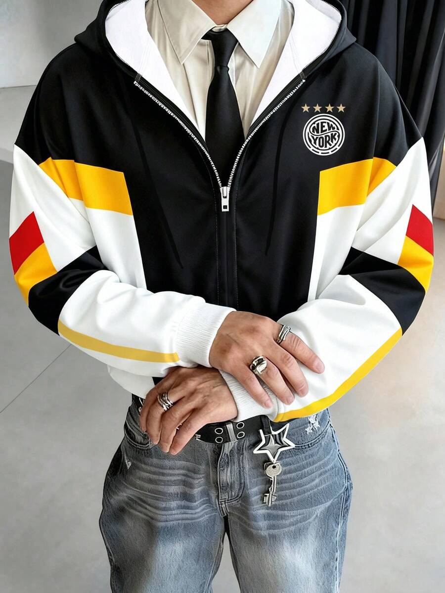 Aesthetic Post PAVTROS Men's Young Street Style Patchwork Sweatshirt, Autumn/Winter Cute Jacket Cropped Zip Up Men Graphic Zip Ups - Multicolor - View 1