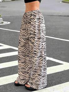 Muchica 女士斑馬印花寬腿夏季休閑褲 - 棕色 - 查看 3