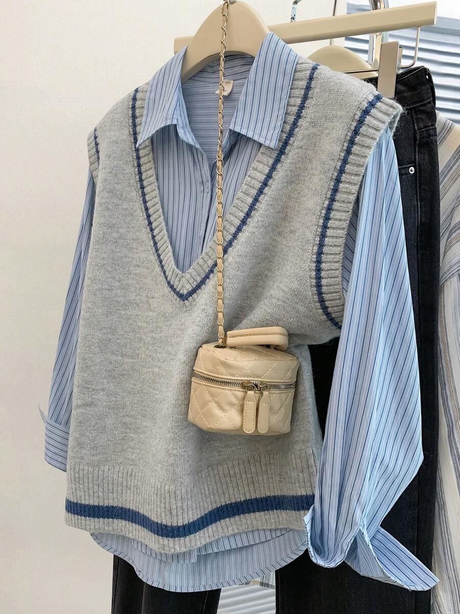 INAWLY 女士V领时尚百搭针织背心，秋冬季 - 灰色 - 查看 1