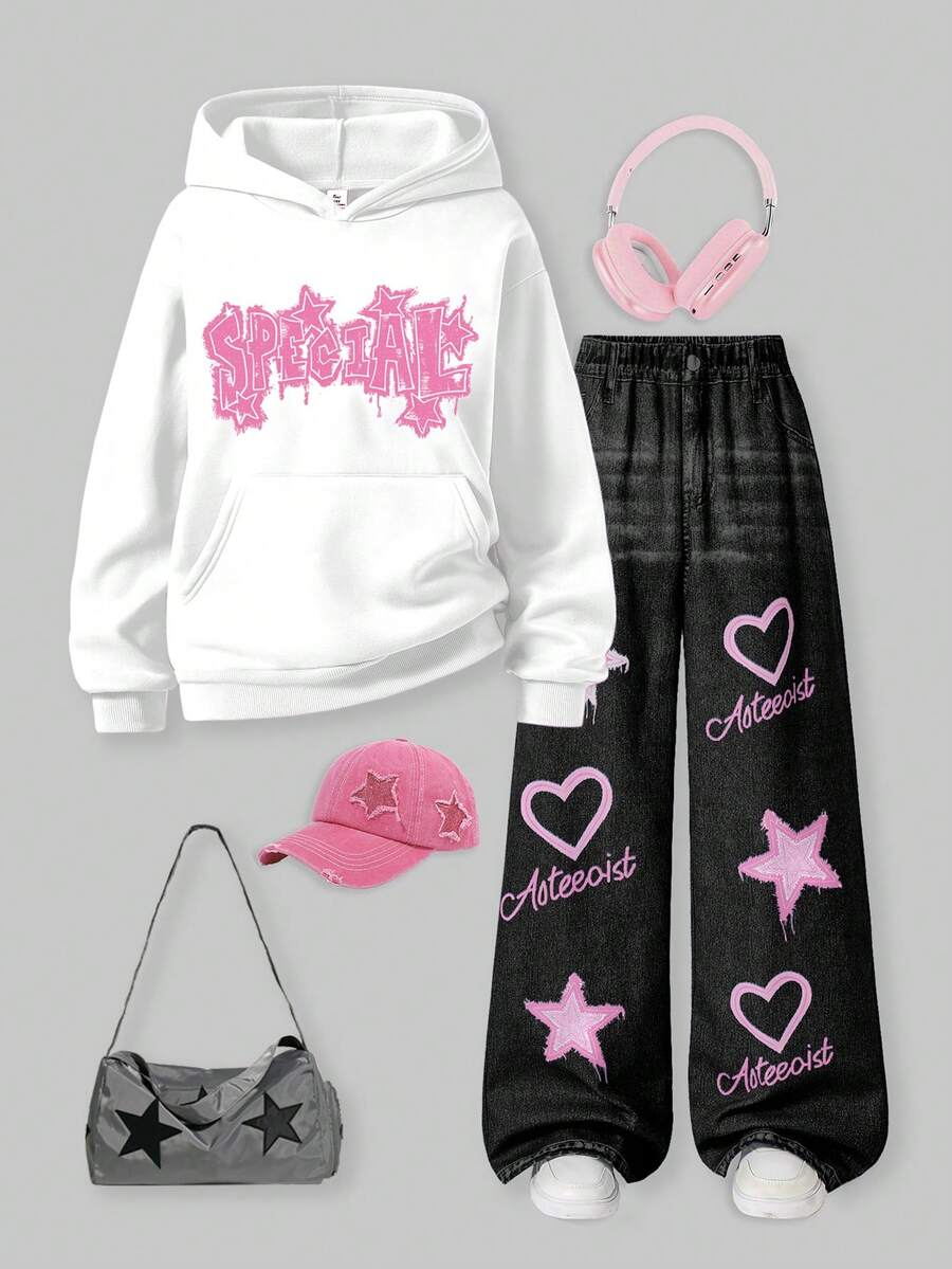 SHEIN ChillGRL 两件套少女星形字母印花保暖连帽卫衣搭配休闲阔腿牛仔裤,适合日常通勤和街拍穿搭,秋冬季 - 黑與白 - 查看 1