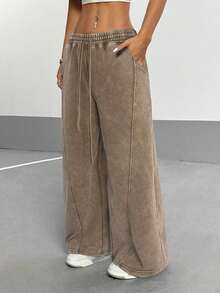 Flirla Quần dài thể thao ống đứng dáng rộng phong cách cổ điển dành cho nữ dạo phố, đa năng cho mùa thu - Cà phê nâu - Xem 3