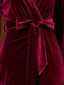 EMERY ROSE Vestido de mujer de terciopelo con contraste de malla en la cintura, elegante, de uso diario, de moda, estilo francés retro, versátil, para Navidad, Año Nuevo, negocios, de manga larga, color rojo vino, otoño/invierno - Burdeos - Ver 3