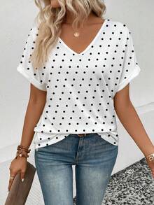 EMERY ROSE 女士新款波点印花V领短袖束口休闲百搭T恤，春夏款 - 彩色 - 查看 4