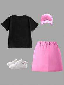 SHEIN Explorewe 两件套少女休闲时尚T恤裙套装，冰淇淋图案设计，短袖圆领T恤搭配黑色工装裙，舒适打底裤，适合春、夏、秋季穿着，休闲街头风、户外、学校、派对等场合，亦可作为礼物。 - 彩色 - 查看 2