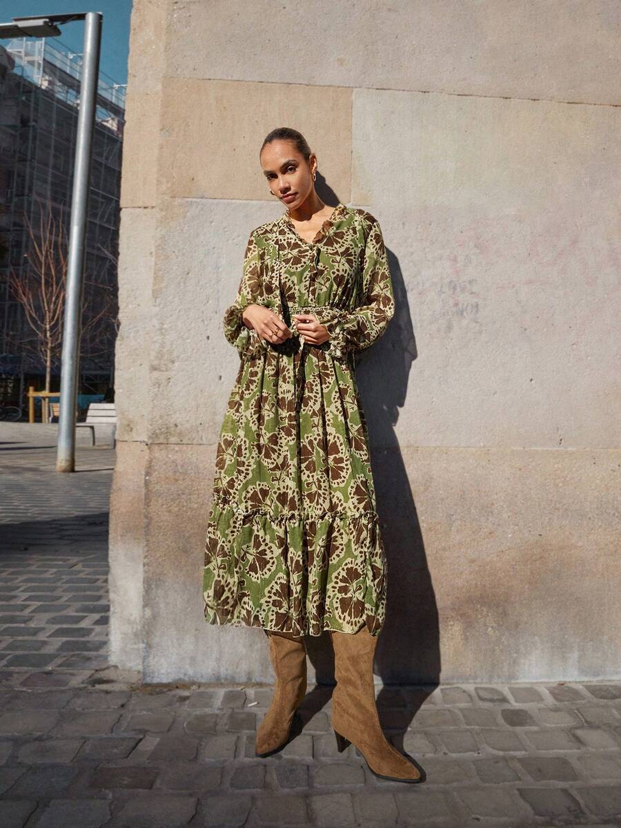 Maija Women's Full Print Frill Trim Tie Neck Long Sleeve Cinched Waist Elegant Dress,Fall Dresses For Women - Multicolor - View 1