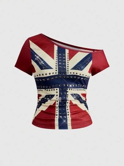 Grunge Punk Damen Y2K Vintage UK Flaggen Muster Strass Nieten Schräge Schulter Eng anliegendes Kurzarm Top