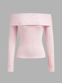 SHEIN EZwear 女士粉色罗纹针织露肩修身T恤，带蝴蝶结，性感百搭，适合派对、夜店、约会、圣诞节、新年、返校季和舒适春季穿着，打造甜美少女风。 - 粉色 - 查看 6