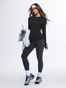 Eassivo Eassivo Sport Casual Solid Color Long Sleeve Sports T-Shirt With Ruffled Hem - A Blend Of Fashion And Sport, Women's Gym Shirt - Black - View 7