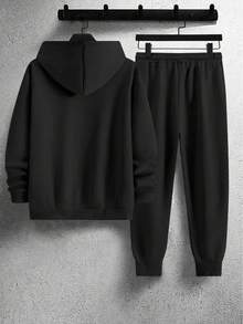 Manfinity Homme 男士休闲黑桃皇冠图案印花卫衣和运动裤两件套，秋冬服装 - 黑色 - 查看 3