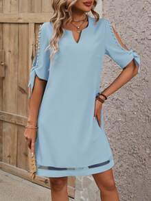 SHEIN Clasi Đầm thời trang tay ngắn cổ chữ V xẻ tà màu trơn đính ngọc trai giả cho nữ - Màu xanh nhạt - Xem 4