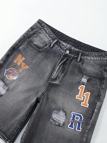 ROMWE MEN Street Life Men's Casual Distressed Letter Print Denim Shorts, Summer - Black - View 5