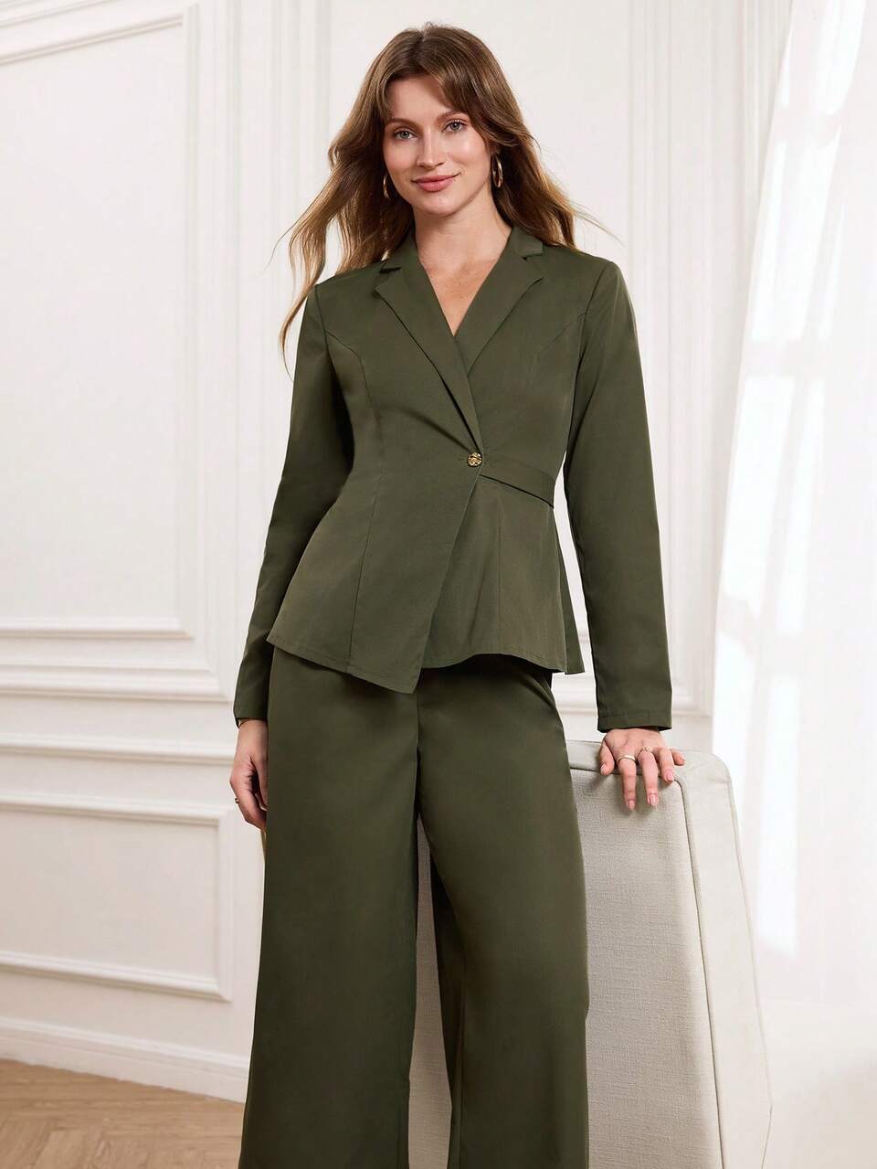 Women's Elegant Olive Green Two-Piece Set,Fitted Blazer & Wide-Leg Trousers For Autumn,Business Corporate Office Workplace & Casual Gatherings Suit