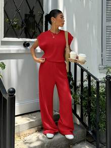 SHEIN EZwear 2pcs Women's Solid Color Round Neck Simple Casual Loose Top And Pants Set - Red - View 3