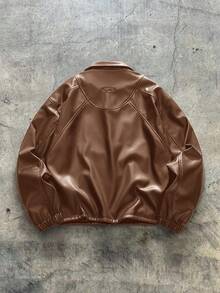AXEPEAK Plus Size Men's Casual Fashion Street Style Everyday Commute Minimalist PU Leather Zip-Up Jacket, Autumn - Brown - View 2