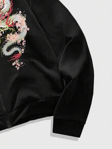 ROMWE MEN Goth 男士中国龙虎印花拉链连帽卫衣，带毛领 - 黑色 - 查看 3