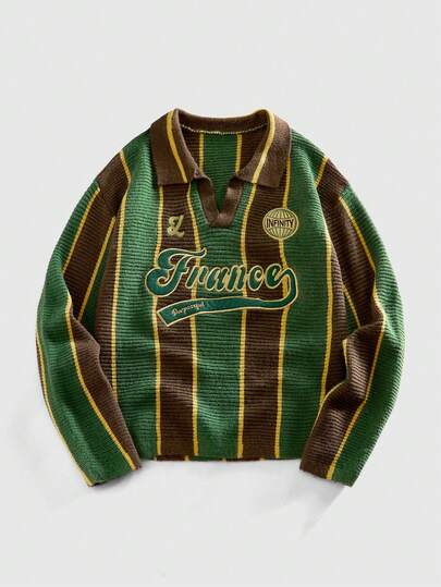 ROMWE MEN Street Life Vintage Football Inspired Knit Sweater With Collar, For Older Kids