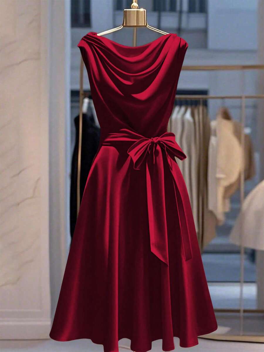GlowEve CURVE 大码女式优雅无袖连衣裙，腰部系带蝴蝶结 - 酒紅色 - 查看 1