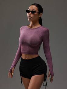 Eassivo Eassivo Solid Color Round Neck Fitted Short Sleeve Seamless Sports T-Shirt Top Set Workout Top Set Women Sport Crop Top Shirt Long Sleeve Workout Set Gym Tops For Women - Burgundy - View 5
