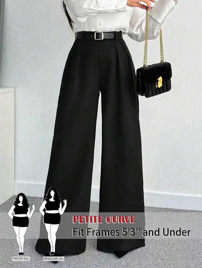 SHEIN PETITE CURVE Calça feminina plus size preta plissada, casual e versátil, de pernas largas, ideal para o escritório e para o dia a dia.