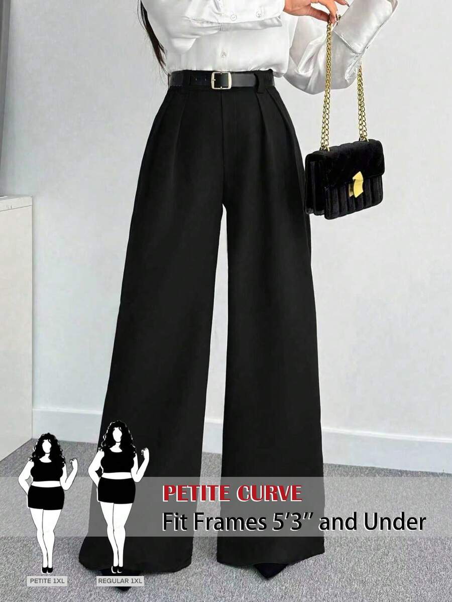 SHEIN PETITE CURVE 大码女式黑色褶皱休闲百搭阔腿裤,适合办公室通勤、春季女装、情人节、毕业典礼等场合,优雅休闲,女士正装,黑色裤子 - 黑色 - 查看 1