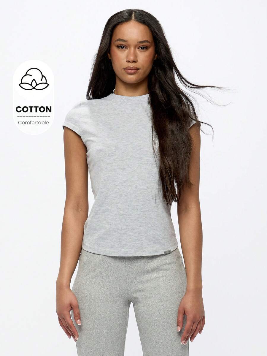 SUMWON WOMEN Camiseta deportiva con mangas ajustadas para ejercicio, ligera y elástica, para yoga, gimnasio, actividad física básica, ropa deportiva, primavera, verano, otoño - Gris - Ver 1