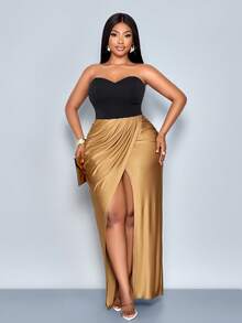 SOLERSUN Gold Plus Size Women's Elegant Summer Rave Asymmetrical Front Slit Glossy Stretch Skirt,Luxury Evening Dress For Christmas Birthday Party Wedding - Coffee Brown - View 6