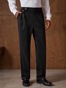 Business Casual 男士褶裥直筒宽松羊毛混纺西裤 男士黑色西裤 男士褶裥西装裤 裤装配饰 - 黑色 - 查看 5
