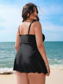 SHEIN Swim Lushore Plus Size Women's New Solid Color Two Pieces Swimsuit, Adjustable Straps, Removable Pads, Sexy Hollow-Out Chest, Elegant Frill Trim High-Waisted Triangle Bottoms, Casual Fashionable Beach Vacation Swimwear - Black - View 2