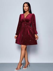 SOLERSUN Women's Winter Holiday Clothing, Elegant And Sexy New Year's Party, Christmas, Burgundy Knitted V-Neck Waist Gathered Waist Small A Hem Sequined Fabric Mini Skirt