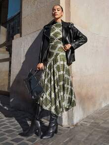 Maija Plaid Print Round Neck Raglan Short Sleeve Women's Fitted Asymmetric Design Casual Dress, Urban Chic Versatile Outerwear For Autumn Beach Dress For Women - Brown - View 6