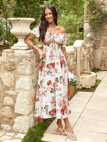 KARISMINA 花卉印花编织露肩A字连衣裙，收腰设计，夏季连衣裙，海滩风，浪漫情人节连衣裙 - 紅白色 - 查看 3