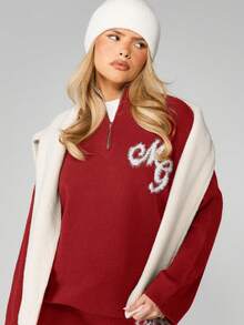 MISSGUIDED Oversized Quarter Zip Jumper With Logo Detail Long Sleeve Knit Pullover Winter Casual Sweater - Burgundy - View 5