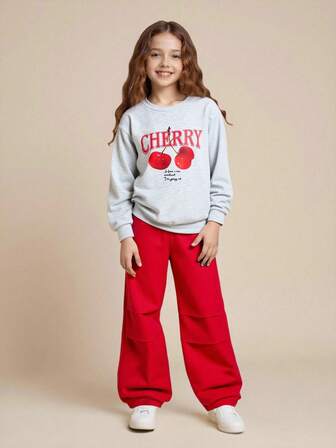 Casuvi Kids 2pcs/Set Tween GirlsGrey Cherry Print Crew Neck Long Sleeve Sweatshirt & Red Patchwork White Letter Print Loose Pants, Fashionable Casual Retro Collegiate Street Style, Suitable For Daily Wear, Outings, Back To School, Spring & Autumn