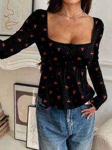 SHEIN EZwear 女士印花纽扣长袖休闲衬衫 - 黑色 - 查看 4