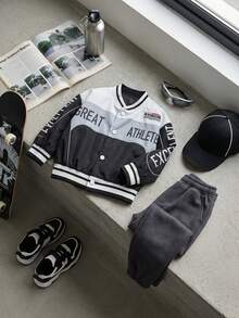 Baby Boys' Autumn White Street Life Casual Graphic Street Fashion Baseball Jacket,Motorcycle Style Letter Print Stand Collar Back-To-School Date - Black and White - View 1