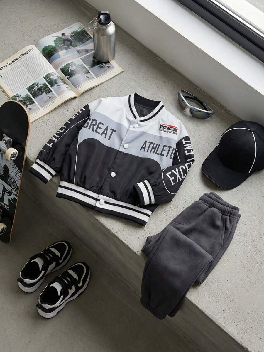 Baby Boys' Autumn White Street Life Casual Graphic Street Fashion Baseball Jacket,Motorcycle Style Letter Print Stand Collar Back-To-School Date - Black and White - View 1