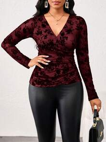 SHEIN Lady 2025新款深红色重叠设计提花网眼面料半透视优雅女式上衣，适合万圣节、圣诞节、秋冬季外出穿着，时尚商务休闲风 - 酒紅色 - 查看 4