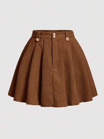 SHEIN Girlism Tween Girl Corduroy Button Pleated Brown Skirt, Casual Autumn/Winter