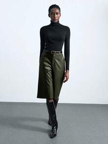 Maija 女士PU皮革阔腿七分裤，都市通勤商务休闲风，优雅适合办公室、圣诞节、新年派对等场合 - 軍綠色 - 查看 6