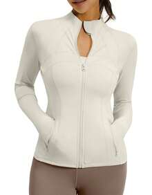 Chaqueta Deportiva de Yoga para Mujer Adelgazante Cuello Alto Ideal para Fitness, Gimnasio o Atuendo Casual Lavable a Máquina - Blanco marfil - Ver 6