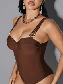 Shapewave 1pc Steel Bra Support Crossback Strap One-Piece Swimsuit, Deep Coffee Color, Beach & Resort Wear, Summer - Coffee Brown - View 8