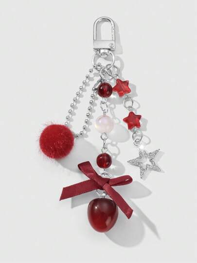 Kawaii 1 pieza Llavero elegante y de alta calidad con cadena de plata, lazo, cristal, alas, corazón y dije de cereza con estilo Y2K, adecuado para uso diario de mujeres/niñas, regalo para vacaciones