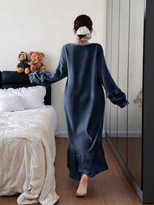 SHEIN Camisón de mujer de unicolor con decoración de lazo, volantes y mangas abullonadas - Azul Marino - Ver 2