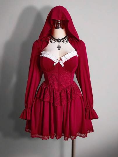 SHEIN ICON Vestido mini sexy negro con capucha y mangas de farol, adecuado para fiesta de Halloween, disfraz de Halloween, bruja