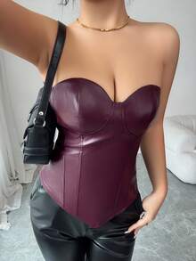 Islaluna Elegante y sexy top de fiesta de tela de PU color burdeos con busto con forma, adecuado para fiestas y citas, top de salida de estilo milenial para mujeres, top sin tirantes de verano para mujeres - Rojo - Ver 4