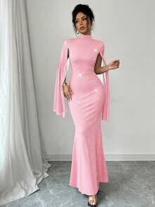 Rafferiza 女士高领亮片网纱开衩披肩式长袖收腰鱼尾下摆连衣裙长裙套装 - 粉色 - 查看 3
